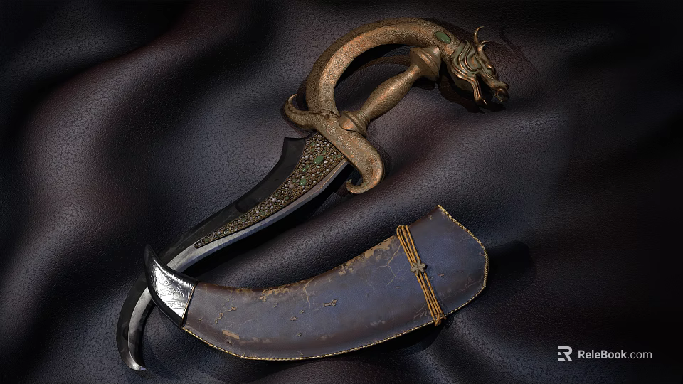 Ornate Antique Weapon With Dragon Head Handle Decorative Sheath And Intricate Metal Carvings 3d model 