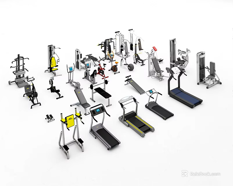 Various Sports Equipment Collection With Treadmills Dumbbells Barbells And Exercise Machines 3d model 