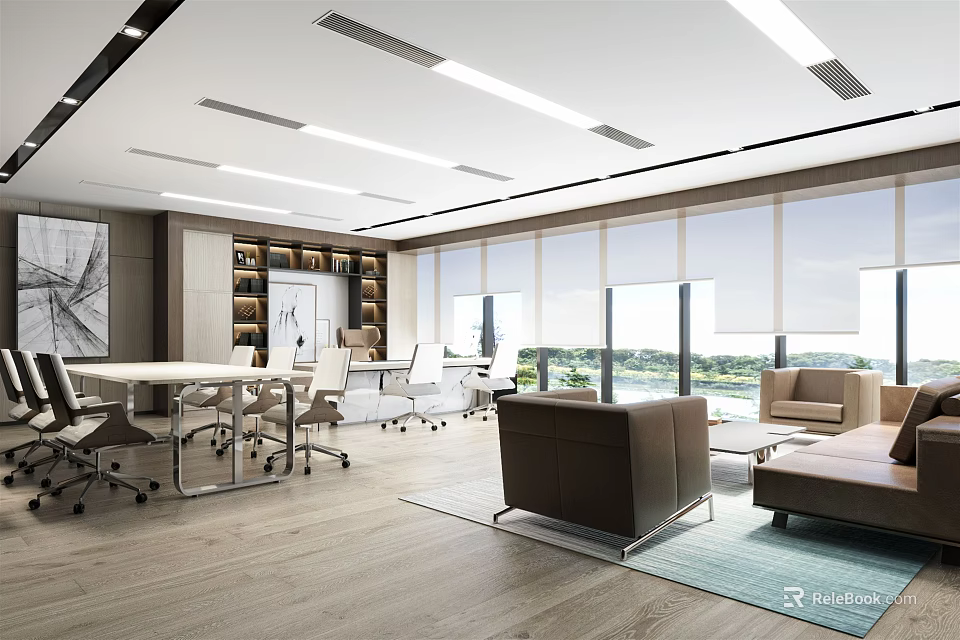 Modern Office Interior Design With Workstations Sofa Seating Bookshelf And Large Windows 3d model