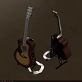 Two Acoustic Musical Instruments With Wooden Bodies On Black Stands For