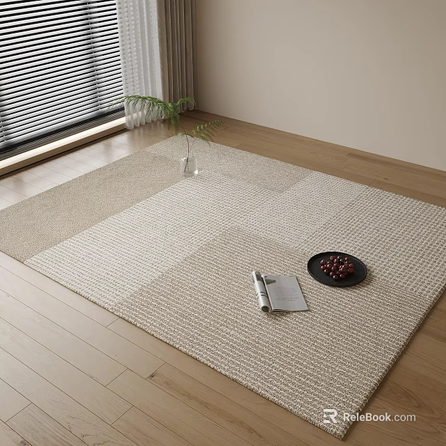 Square Woven Rug On Wooden Floor With Plant Vase Magazine And Fruit Plate 3d model