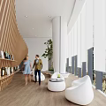 Modern Leisure Lounge Area With Curved Wooden Structures Green Plants And People In Open Space
