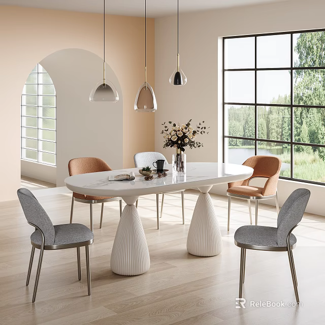 Modern Restaurant Dining Area With White Round Table Gray Orange Chairs Pendant Lights And Flower Arrangement 3d model 