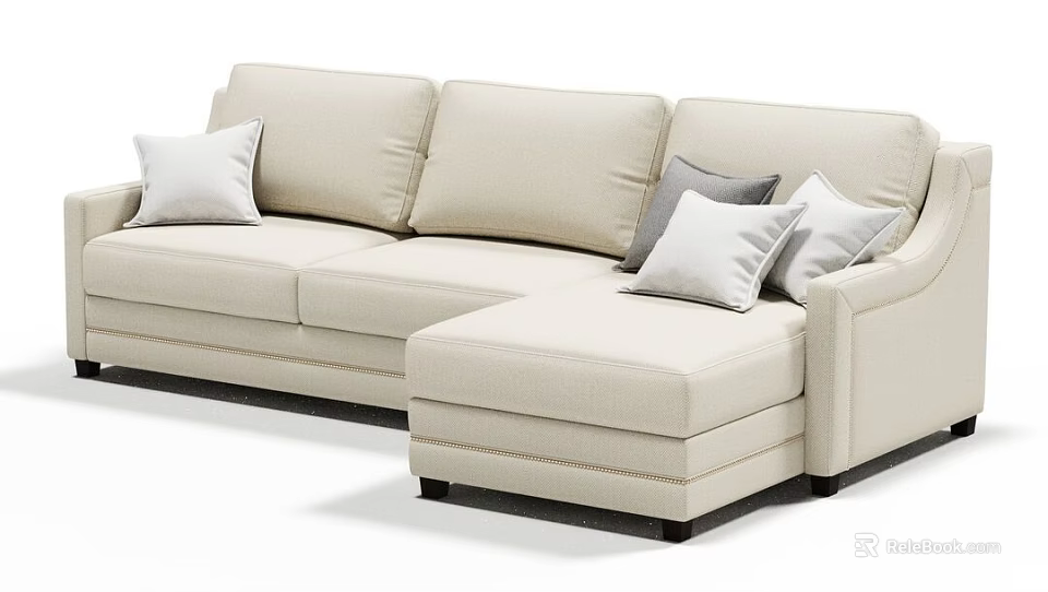 Modern Beige Sectional Sofa With Soft Fabric And Multiple Throw Pillows 3d model