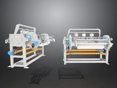 Industrial Machinery with Multiple Rollers Blue Components Yellow Beams on White Frames for Production Processing 3d model