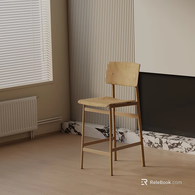 Minimalist Light Wood Bar Stool in Interior with Window Blinds and Striped Wall 3d model 