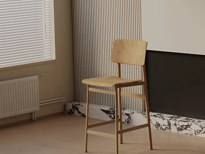 Minimalist Light Wood Bar Stool in Interior with Window Blinds and Striped Wall 3d model