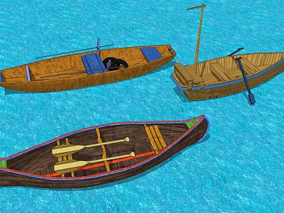 Three Traditional Wooden Boats Floating On Clear Blue Water With Oars 3d model