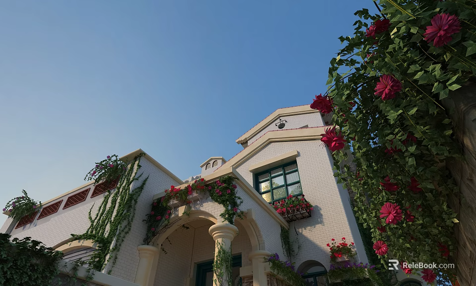 Garden Landscape Featuring White Building Arched Entrance Columns Vines And Red Flowers 3d model 