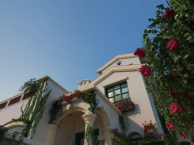 Garden Landscape Featuring White Building Arched Entrance Columns Vines And Red Flowers 3d model