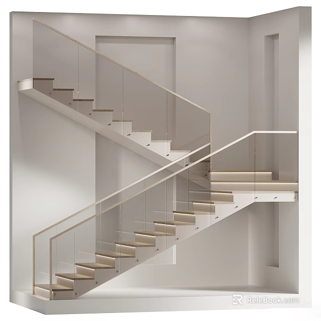 Modern Staircase Design With Glass Railing Metal Handrail And Light Toned Steps 3d model 