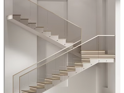 Modern Staircase Design With Glass Railing Metal Handrail And Light Toned Steps 3d model