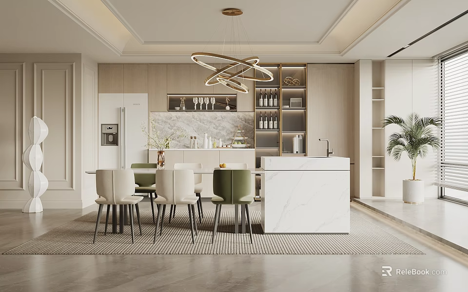 Modern Restaurant Interior With Dining Table Chairs Circular Chandelier Marble Accent Wall And Wine Rack 3d model 