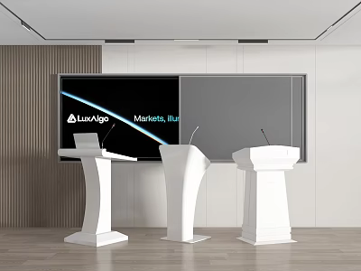 Three Modern White Podiums In Conference Room With Large Screen 3d model