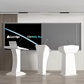 Three Modern White Podiums In Conference Room With Large Screen