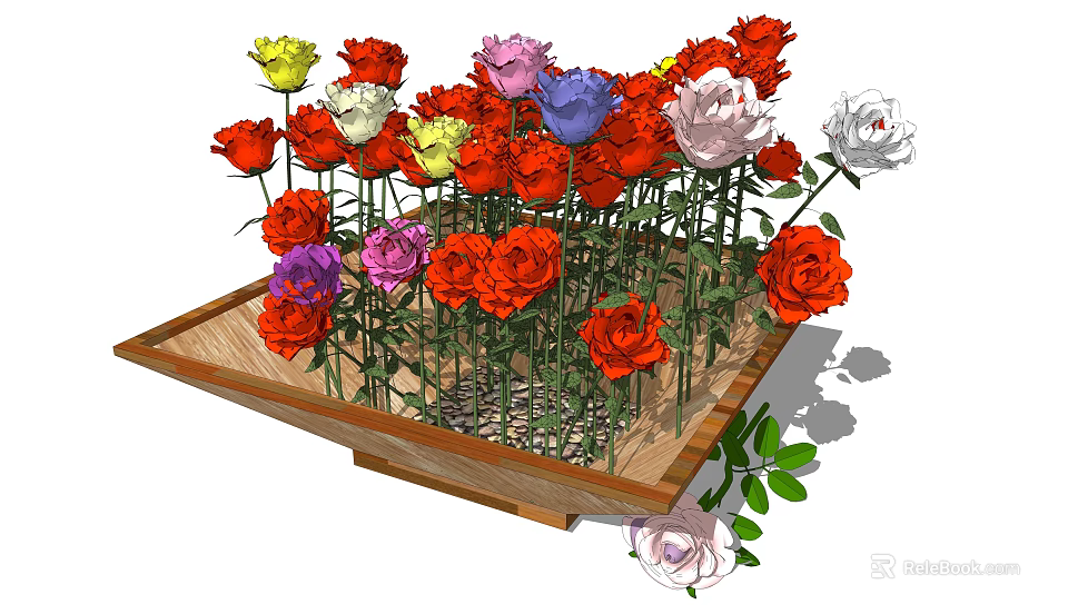 Vibrant Colorful Roses in Wooden Tray with Green Leaves for Garden Decor 3d model 