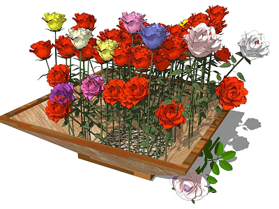 Vibrant Colorful Roses in Wooden Tray with Green Leaves for Garden Decor 3d model