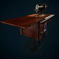 Vintage Industrial Sewing Machine With Wooden Tabletop And Metal Frame Structure