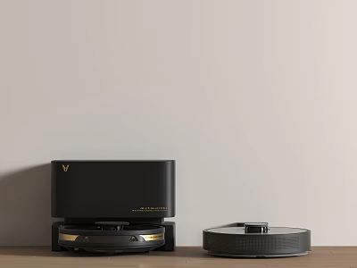 Black Smart Machine with Robotic Vacuum Cleaner on Wooden Tabletop against Light-colored Wall 3d model
