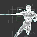 Armored Character With Blue Orange Armor Long Red Head Appendage Wielding Sword In Dynamic Pose