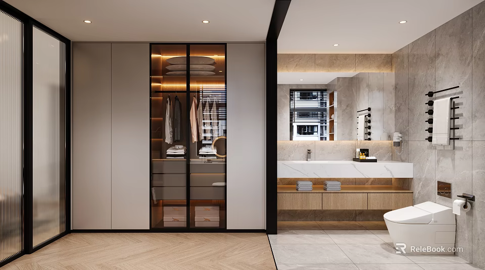 Modern Walk In Closet Design With Glass Doors And Organized Clothes Storage 3d model 