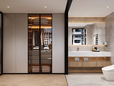 Modern Walk In Closet Design With Glass Doors And Organized Clothes Storage 3d model