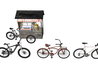 Various Vintage And Modern Bicycles Parked Near Street Food Cart 3d model