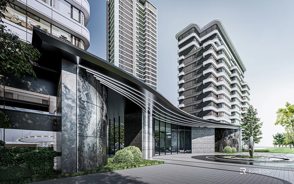 Modern Entrance Gate With Stone Facade Greenery And Water Feature In High Rise Residential Area 3d model 