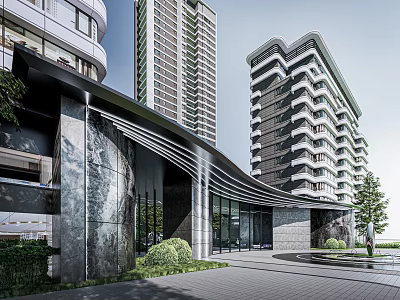 Modern Entrance Gate With Stone Facade Greenery And Water Feature In High Rise Residential Area 3d model