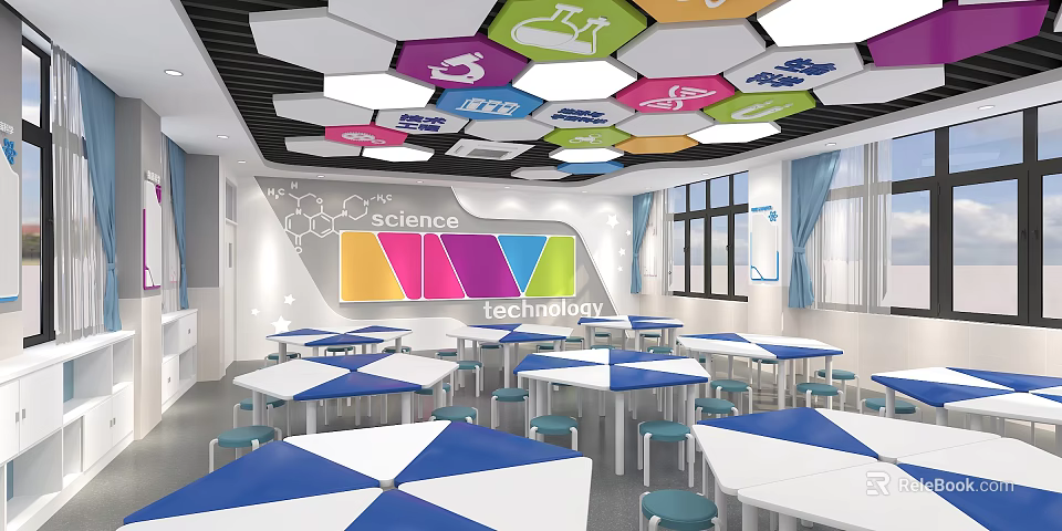 School Science Technology Classroom With Colorful Hexagonal Ceiling Science Icons Blue White Tables Chairs 3d model 