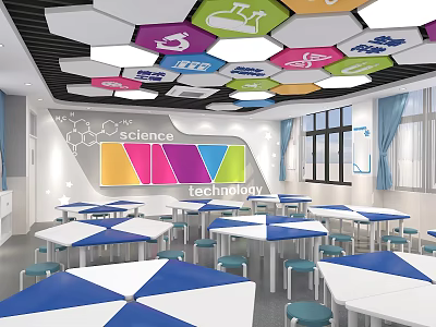 School Science Technology Classroom With Colorful Hexagonal Ceiling Science Icons Blue White Tables Chairs 3d model