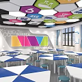 School Science Technology Classroom With Colorful Hexagonal Ceiling Science Icons Blue White Tables Chairs 3d model