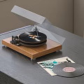 Elegant Vintage Vinyl Record Player With Wooden Base Clear Cover And Vinyl Records