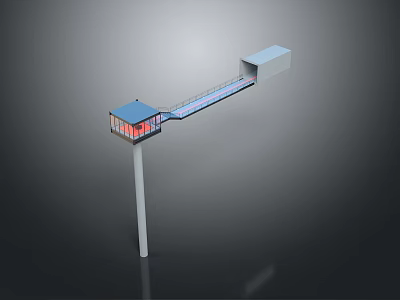 Modern Architectural Structure With Pillar Support Blue Roof Red Windows Connecting Walkway And Square Module 3d model