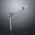 Modern Architectural Structure With Pillar Support Blue Roof Red Windows Connecting Walkway And Square Module