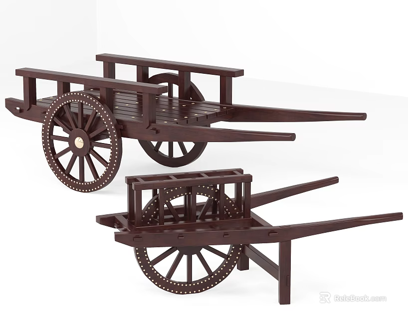 Two Traditional Wooden Handcart Models With Spoked Wheels And Brown Frame 3d model 