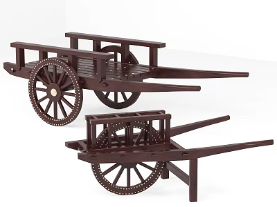 Two Traditional Wooden Handcart Models With Spoked Wheels And Brown Frame 3d model