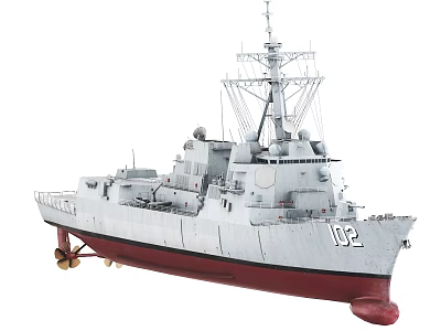 Warship Model with White and Red Hull Number 102 Mast and Radar Equipment 3d model