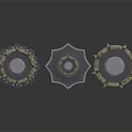 Three Mechanical Gear Components With Spiked Edges And Textured Metal Surfaces