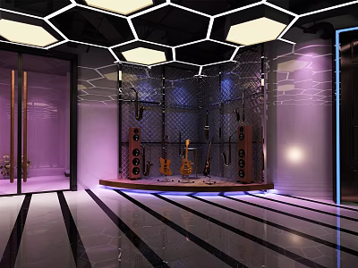 Modern Music Studio Interior With Hexagonal Lights And Guitar Display Shelf 3d model