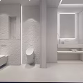 Modern Bathroom Interior with Stone Wall Wooden Panels Toilet Urinal Vanity and Mirror Lighting