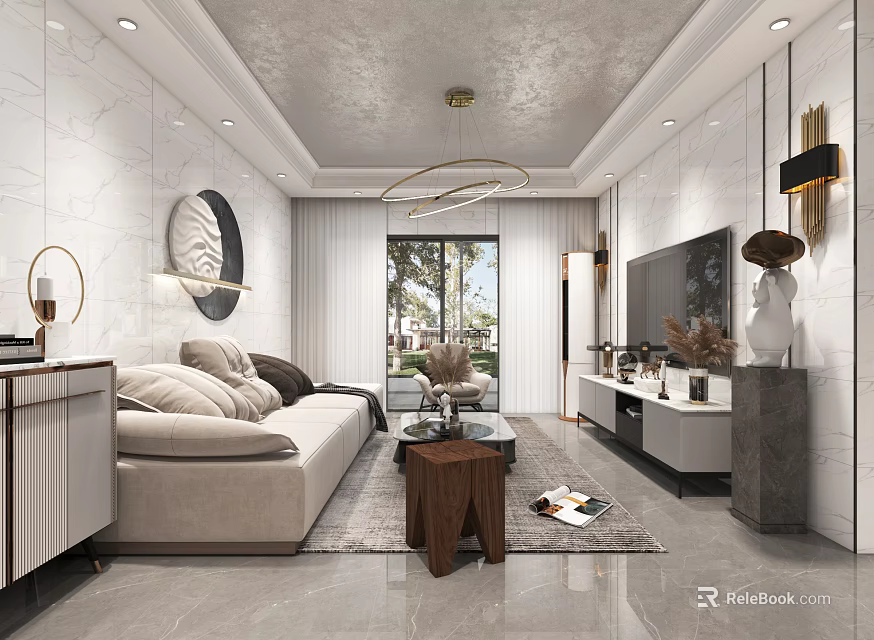 Modern Luxury Living Room With Bright Marble Interiors And Cozy Neutral Tone Furnishings 3d model 