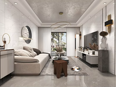 Modern Luxury Living Room With Bright Marble Interiors And Cozy Neutral Tone Furnishings 3d model
