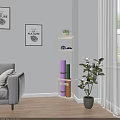 Multi tiered Corner Storage Shelf in Living Room with Green Plants and Organized Items