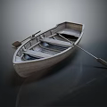 Wooden Boat with Classic Structure and Oar on Dark Background Showing Natural Wood Grain Reflection