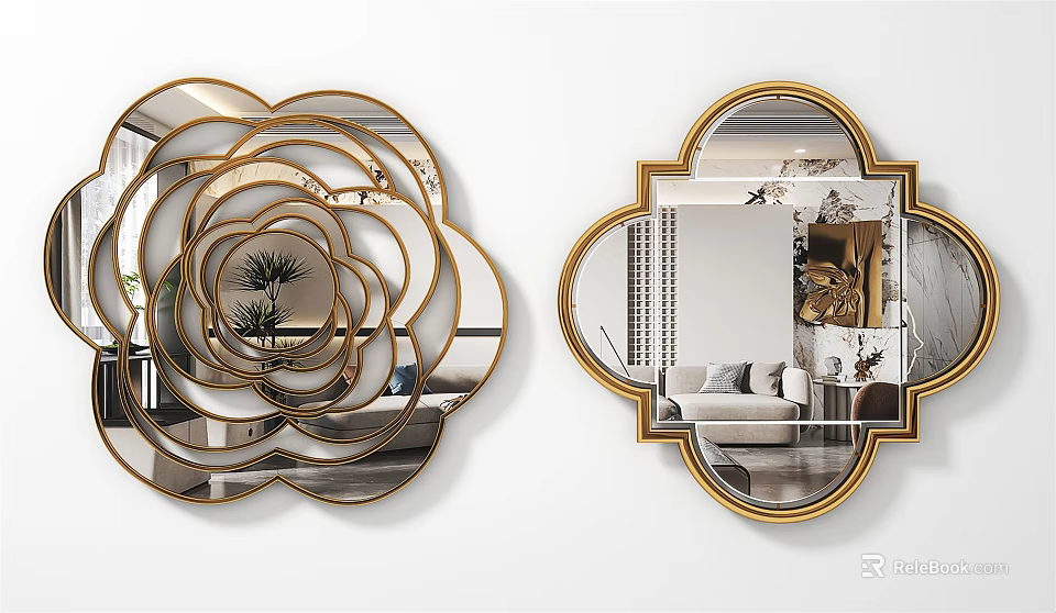 Elegant Decorative Wall Mirrors With Golden Frames Floral And Geometric Shapes For Home Interior 3d model 