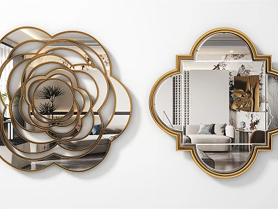 Elegant Decorative Wall Mirrors With Golden Frames Floral And Geometric Shapes For Home Interior 3d model