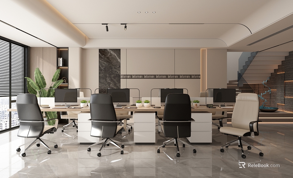 Modern Public Office Space With Open Layout Desks Computers Ergonomic Chairs Green Plants Marble Walls 3d model 