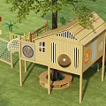 Outdoor Wooden Playground Equipment With Slide Climbing Net Animal Themed Cabin And Grass Area