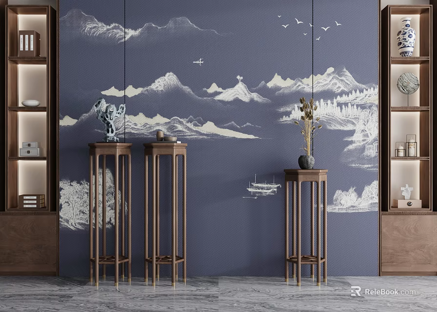 Traditional Chinese Wooden Flower Stand with Landscape Painting Background and Decorative Vases 3d model 